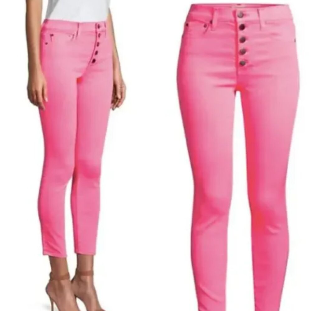 ALICE + OLIVIA Good High Rise Exposed Button Jean Neon Pink Skinny Ankle